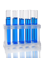 Test-tubes in container with blue fluid isolated on white