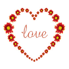 Beautiful heart of red flower and love text isolated on white ba