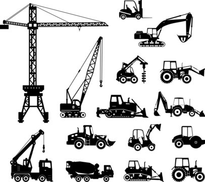 Set of heavy construction machines silhouette icons