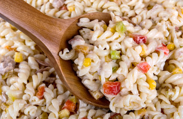 pasta salad with tuna corn tomatoes and pepper close up