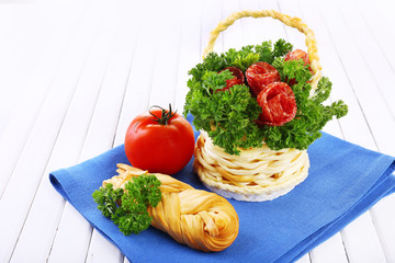 Smoked cheese in shape of basket on table