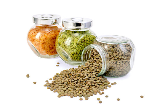 Lentil different in three jars on row