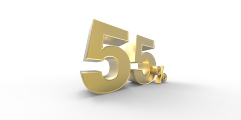 3D rendering of a gold 55 percent letters on a white background