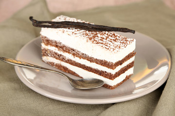 Tasty tiramisu cake on plate, close up