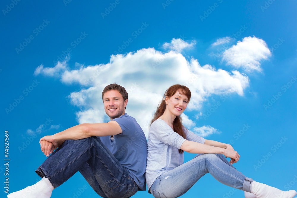 Poster composite image of couple both sitting on floor