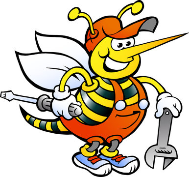 Happy Working Bee Holding Wrench and Screw Driver