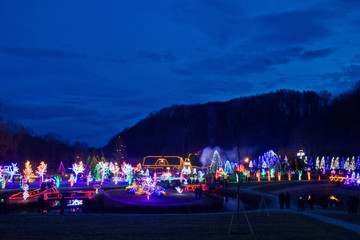 Village in Christmas lights blue hour view
