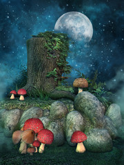 Pień drzewa, skały i kolorowe grzyby nocą © Obsidian Fantasy