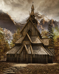 Drewniany średniowieczny kościół w górach - obrazy, fototapety, plakaty