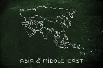 world map and continents: borders and states of Asia and Middle
