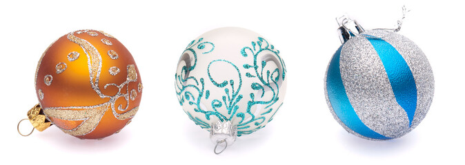 orange, white, blue-silver christmas balls on white background