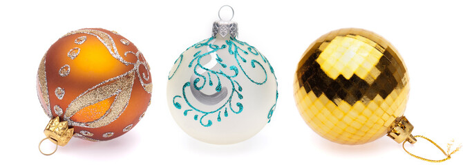 orange, white, yellow christmas balls on white background