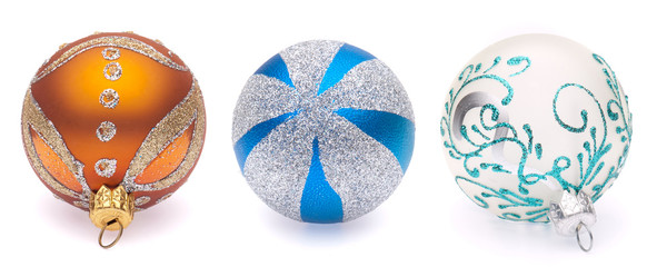 orange, blue-silver, white christmas balls on white background