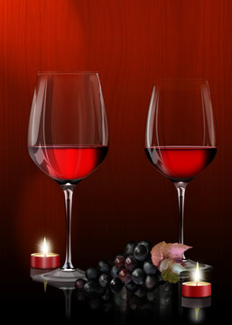 Rotweingläser mit Weintrauben und Teelichter,Candle Light