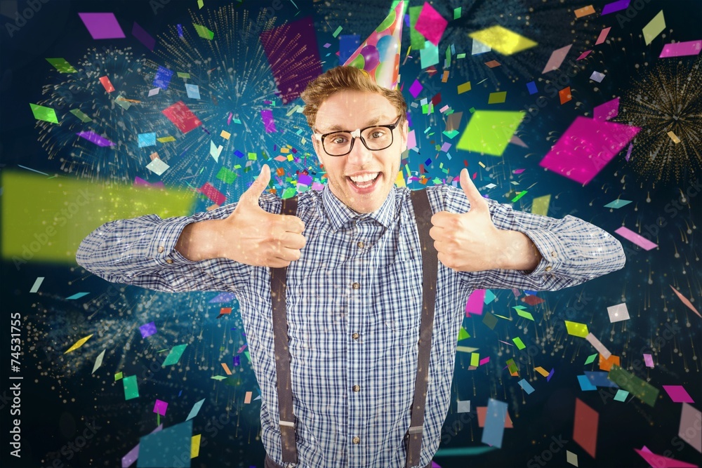 Aufkleber geeky hipster wearing party hat smiling at camera