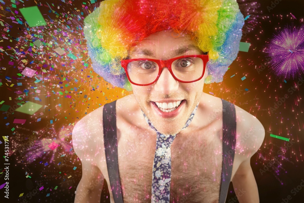 Aufkleber composite image of geeky hipster in afro rainbow wig