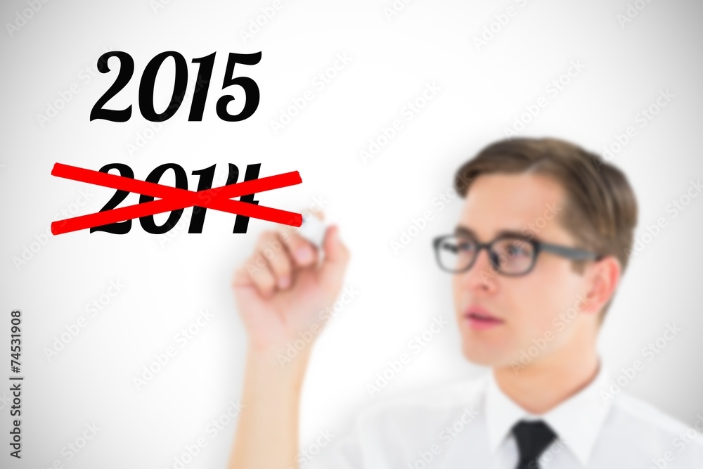 Poster composite image of geeky businessman writing