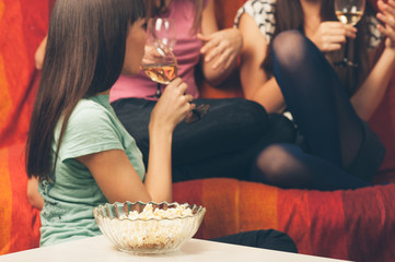 Cheerful young female friends with wine glasses enjoying