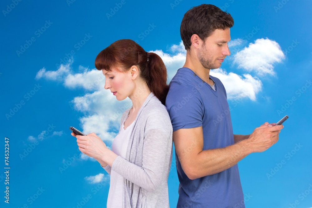 Poster Composite image of couple both sending text messages