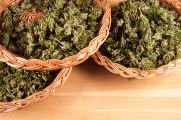 big canabis marijuana plant detail on wood table