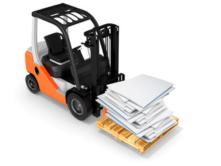 3d forklift with pallet and paper stack