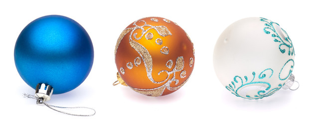 blue, orange, white christmas balls on white background