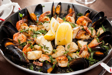 seafood paella in the fry pan