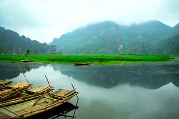 Tourist boats in Van Long. The famous eco tourism of  Vietnam.
