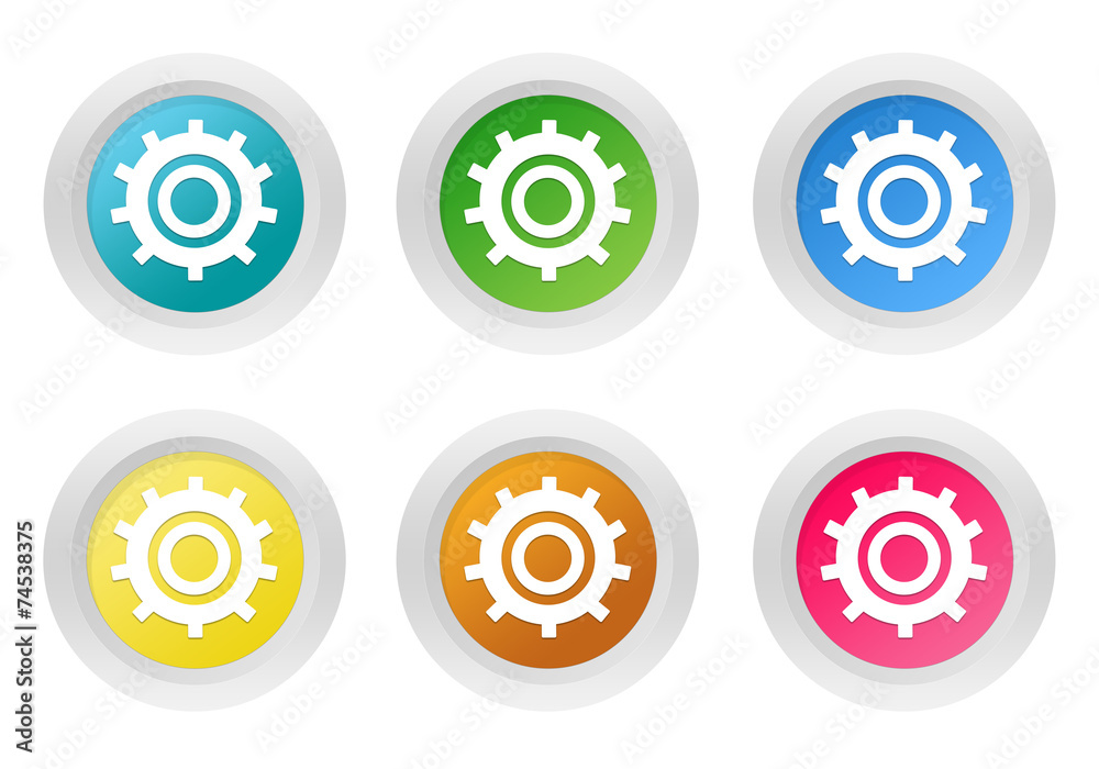 Wall mural set of rounded colorful buttons with gears symbol