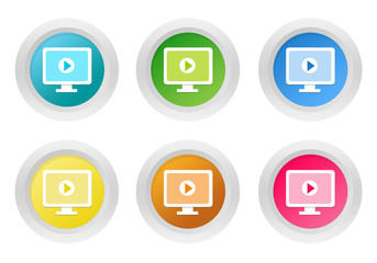 Set of rounded colorful buttons with screen symbol