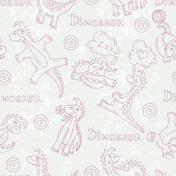 Vector pattern with cartoon and funny dinosaurs in gray