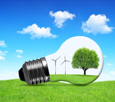 Eco bulb with wind turbines and tree