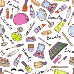 Vector pattern with hand drawn attributes of cosmetics