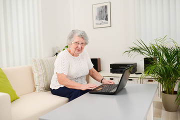 cheerful elderly woman websurfing and shopping internet laptop