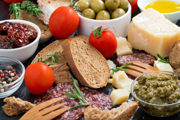 assortment of delicious antipasti, close-up