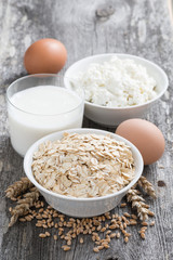 fresh products - oatmeal, eggs, cottage cheese and milk
