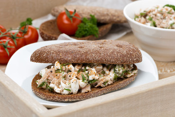 sandwich of rye bread with tuna and homemade cheese, close-up