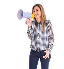 Woman shouting by megaphone