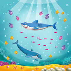 underwater world with shark and dolphin - obrazy, fototapety, plakaty