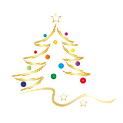 Frohe Weihnachten - Goldener Weihnachtsbaum mit bunten Kugeln als Dekoration für Familienfeiern