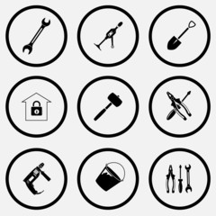 spanner, hand drill, spade, bank, mallet, screwdriver and combin