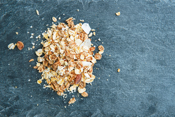 Closeup on muesli on stone substrate