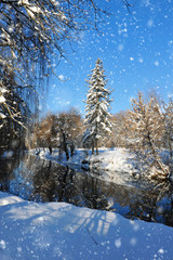 Beautiful winter landscape with the river