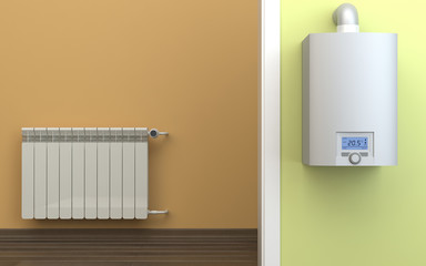 Heating radiator and gas boiler - obrazy, fototapety, plakaty