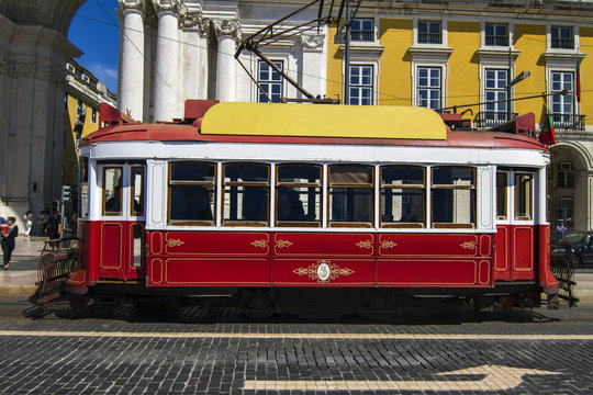 View of the vintage famous red electrical tram