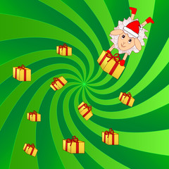 White fun curly lamb with flying Christmas gifts