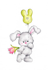 Cute bunny with balloon and flower