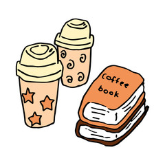 Hand-drawn illustration of coffees and books
