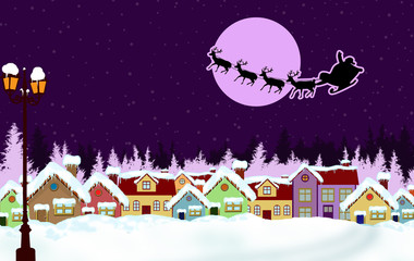 Fototapeta na wymiar Country rural snowy in the Christmas night with Santa's sleigh