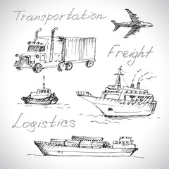 Transport icon set. Sketch, hand drawn.